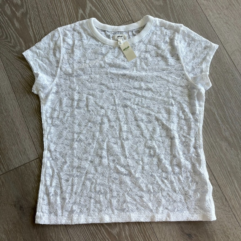 NWT Aerie Womens White Crew Neck Overlay Lace Vintage T-Shirt Size Small
